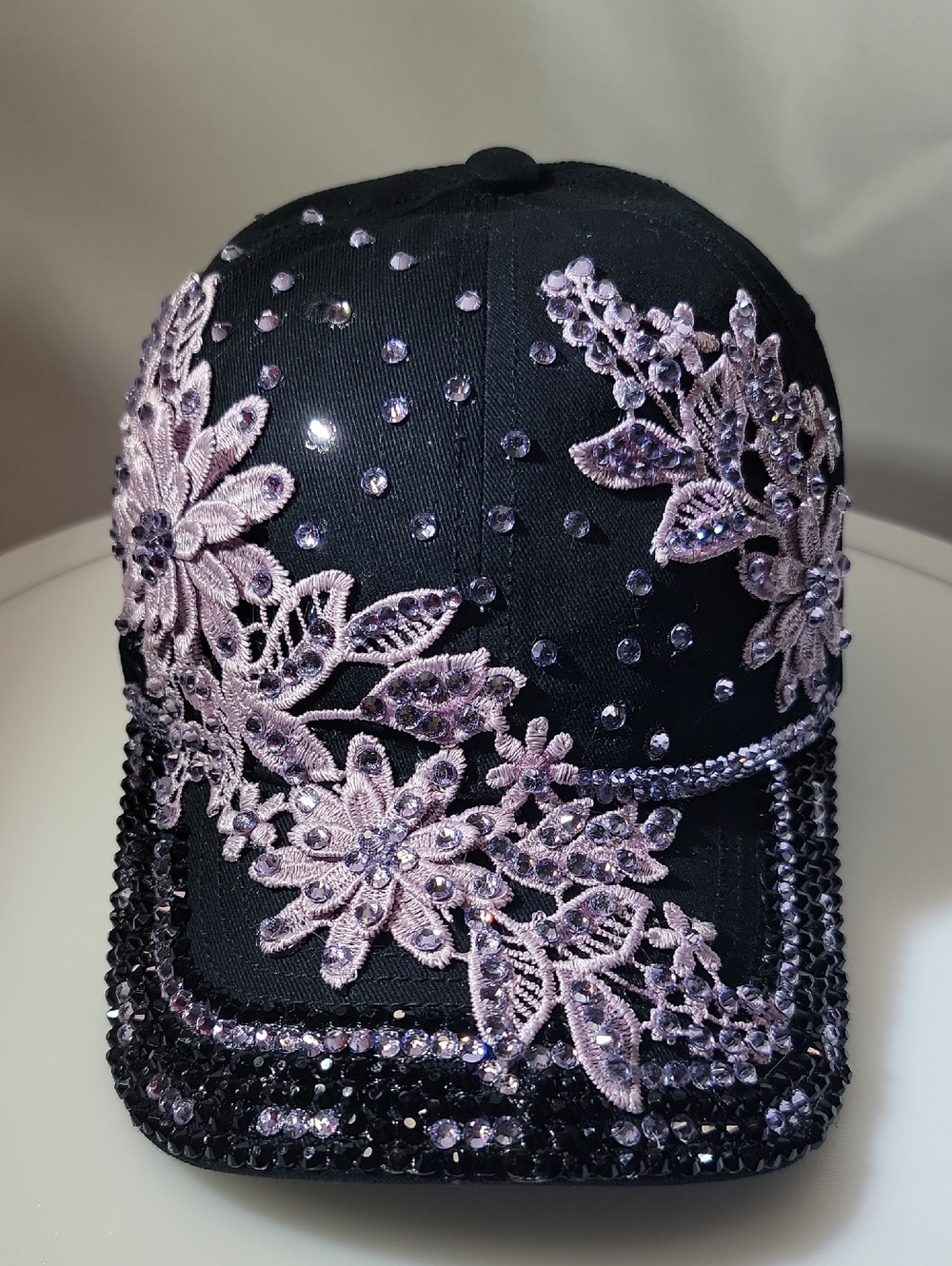 Black Baseball Cap with Lavender Floral Lace & Crystal Accents